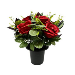Premium Artificial Grave Flowers - Red Open Roses With Eucalyptus (25Cm) Memorial Vase Pot - thumbnail 3