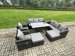 Fimous Patio Rattan Garden Furniture Set With Oblong Dining Table 10 Seater Outdoor Lounge Sofa Set - thumbnail 2