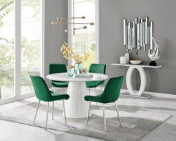 Furniturebox Uk Palma White High Gloss Round Dining Table & 4 Green Pesaro Silver Chairs - thumbnail 1