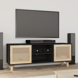 Berkfield Tv Cabinet Black 105X30X40 Cm Solid Wood Pine&natural Rattan