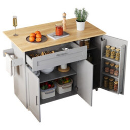 Btm 132.5X44(70)X90Cm Kitchen Island On Wheels, Foldable Top, Storage Trolley, Spice Rack, Towel Holder, 5 Wheels - thumbnail 9