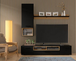 Arte Anette A -  Stylish Black Three Piece Entertainment Unit (H1650mm W1980mm D430mm) With Versatile Storage And Oak Accents - thumbnail 1