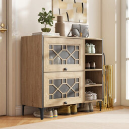 Costway Shoe Storage Cabinet Rustic Shoe Rack W/ Flip Doors & Removable Shelves - thumbnail 3