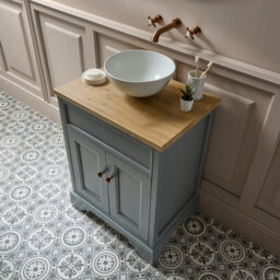 Homestylestore Light Grey And Oak 645mm Bathroom Vanity Unit With Round Countertop Basin And Brushed Copper Classic Round Handles - thumbnail 3