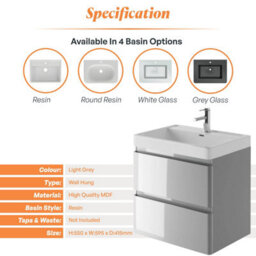 Plum&clay Marvel Gloss Light Grey Wall Hung Bathroom Vanity Unit With Resin Basin (W)600mm - thumbnail 5