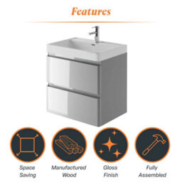 Plum&clay Marvel Gloss Light Grey Wall Hung Bathroom Vanity Unit With Resin Basin (W)600mm - thumbnail 6