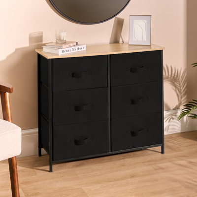 OHS Brooklyn 6 Chest Of Canvas Drawers Storage Organiser With Wood Top - image 1