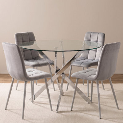 Oira Homes Round Glass Dining Table Set With 4 Grey Nova Velvet Chairs 4 Seater Kitchen And Dining Room Set - image 1
