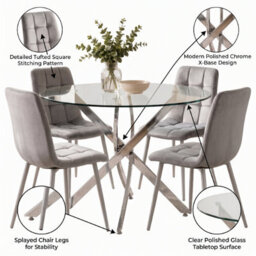Oira Homes Round Glass Dining Table Set With 4 Grey Nova Velvet Chairs 4 Seater Kitchen And Dining Room Set - thumbnail 2