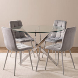 Oira Homes Round Glass Dining Table Set With 4 Grey Nova Velvet Chairs 4 Seater Kitchen And Dining Room Set - thumbnail 1