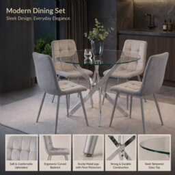 Oira Homes Round Glass Dining Table Set With 4 Grey Nova Velvet Chairs 4 Seater Kitchen And Dining Room Set - thumbnail 3