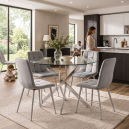 Oira Homes Round Glass Dining Table Set With 4 Grey Nova Velvet Chairs 4 Seater Kitchen And Dining Room Set - thumbnail 7