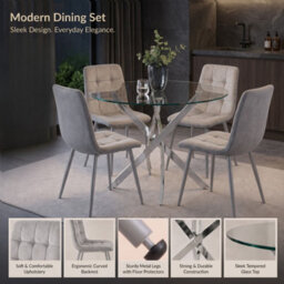 Oira Homes Round Glass Dining Table Set With 4 Grey Nova Velvet Chairs 4 Seater Kitchen And Dining Room Set - thumbnail 8