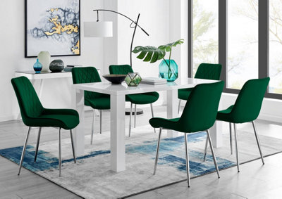 Furniturebox Uk Pivero 6 White Dining Table And 6 Green Pesaro Silver Leg Chairs - image 1