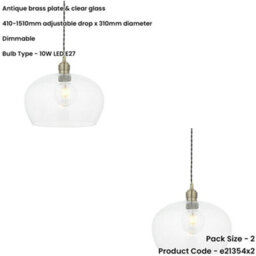Loops 2 Pack Hanging Ceiling Pendant Light - Medum Antique Brass Plate & Clear Glass - 10W Led E27 - thumbnail 2