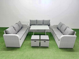 Fimous 11 Seat Outdoor Pe Rattan Garden Furniture With Cushions 3 Seater Sofa Side Table 2 Small Stools Light Grey - thumbnail 2