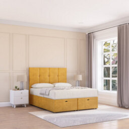 Sloomy Jasmine End Lift Ottoman Bed 6Ft With Sprung Memory Mattress - Mustard Plush & Headboard- Super King - thumbnail 2