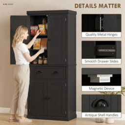 Freestanding Kitchen Storage Cabinet Drawer Cupboards Shelves, Black - thumbnail 6