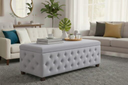90Cm Wide Empire Ottoman Storage Box With Legs, Silver Velvet Chesterfield Upholstered Ottoman Footstool Coffee Table