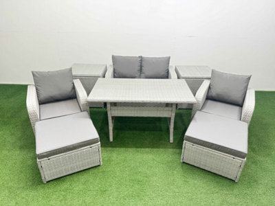 Fimous Light Grey Pe Wicker Rattan Garden Furniture Set Sofa Set Reclining Chair Dining Table 6 Seater 2 Big Stools 2 Side Table - image 1