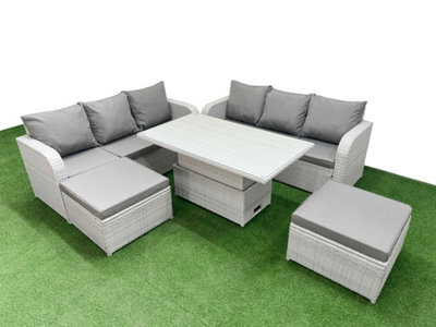 Fimous Outdoor Garden Furniture Sets 8 Seater Adjustable Lifting Dining Or Coffee Table High Back Lounge Sofa 2 Big Footstool - image 1