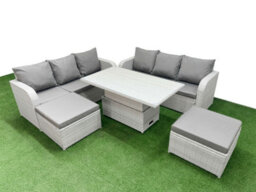 Fimous Outdoor Garden Furniture Sets 8 Seater Adjustable Lifting Dining Or Coffee Table High Back Lounge Sofa 2 Big Footstool
