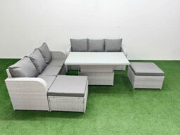 Fimous Outdoor Garden Furniture Sets 8 Seater Adjustable Lifting Dining Or Coffee Table High Back Lounge Sofa 2 Big Footstool - thumbnail 2