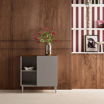 Sweeek - Sideboard Storage Unit Metal With Wood Decor 1 Door 80 Cm Grey And Walnut - Ashton - image 1