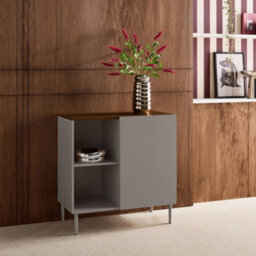 Sweeek - Sideboard Storage Unit Metal With Wood Decor 1 Door 80 Cm Grey And Walnut - Ashton - thumbnail 6