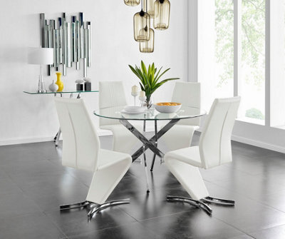 Furniturebox Uk Novara Chrome Metal And Glass Large Round Dining Table And 4 White Willow Chairs Set - image 1