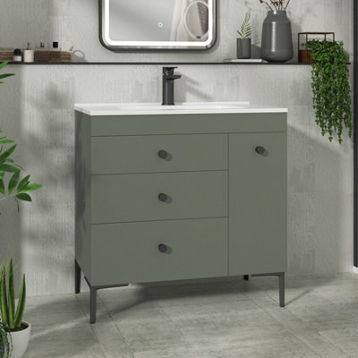Royal Bathrooms Verona 800mm Matt Green Floor Standing Vanity Unit 3 Drawer & Side Pull Out Storage Ceramic Basin - Black Knob - image 1