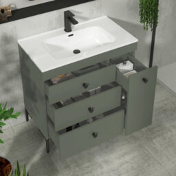 Royal Bathrooms Verona 800mm Matt Green Floor Standing Vanity Unit 3 Drawer & Side Pull Out Storage Ceramic Basin - Black Knob - thumbnail 5