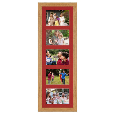 AK Frames 26X8 Oak Modern Multi Photo Frame With Crimson Mount - Holds 5 Apertures (5X) 6X4 Photos - image 1