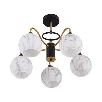 Living And Home Modern E27 5-Light Semi Flush Mount Ceiling Light With Black And Gold Frame And Marble-Effect Glass Shades, 20W - image 1