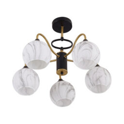 Living And Home Modern E27 5-Light Semi Flush Mount Ceiling Light With Black And Gold Frame And Marble-Effect Glass Shades, 20W