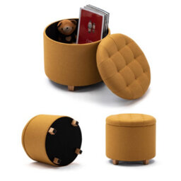 Hnnhome 45Cm Round Linen Padded Seat Ottoman Storage Stool Box, Footstool Pouffes Chair With Lids (Yellow) - thumbnail 4