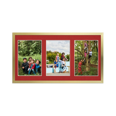 AK Frames 40X20Cm Gold Sleek Multi Photo Frame With Crimson Mount - Holds 3 Apertures (3X) 6X4 Photos - image 1