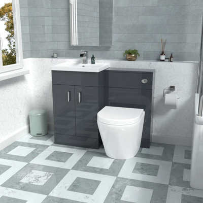 Nes Home Basin Vanity Cabinet, Wc Unit Dark Grey & Rimless Back To Wall Toilet - image 1