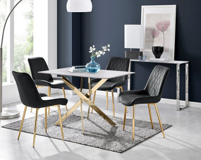 Furniturebox Uk Leonardo White Glass Marble Effect Gold Leg Table & 4 Black Pesaro Gold Leg Chairs - image 1