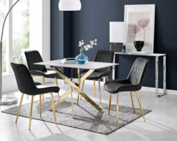 Furniturebox Uk Leonardo White Glass Marble Effect Gold Leg Table & 4 Black Pesaro Gold Leg Chairs