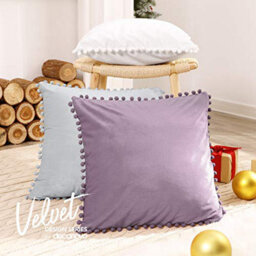 Deconovo 2 Pack Poms Large Crushed Velvet Cushion Covers With Invisible Zipper 55Cm X 55Cm Light Purple - thumbnail 2
