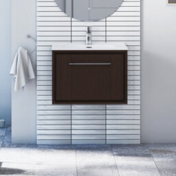 Royal Bathrooms Livora 600mm Walnut Woodgrain Wall Hung Bathroom Vanity Unit 1 Drawer Storage Cabinet With Ceramic Basin