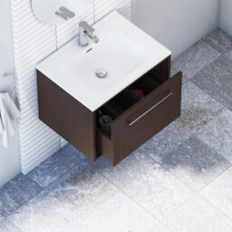 Royal Bathrooms Livora 600mm Walnut Woodgrain Wall Hung Bathroom Vanity Unit 1 Drawer Storage Cabinet With Ceramic Basin - thumbnail 5