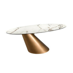 Angel Cerda Stylish Oval Dining Table With Porcelain Marble Top And Bronze Steel Base