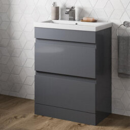 Affine 600mm Bathroom Vanity Unit Basin Storage 2 Drawer Cabinet Furniture Grey Gloss - thumbnail 2