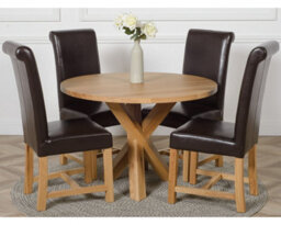 That's Furniture Oregon Round Oak Dining Table And 4 Chairs Dining Set With Washington Brown Leather Chairs
