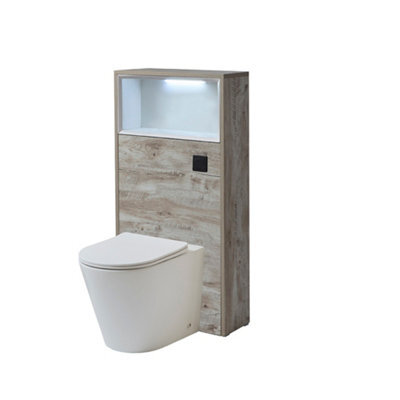 Homestylestore 600mm Light Oak Floorstanding Bathroom Wc Unit Led Lit Shelf Chalk Toilet And Black Flush Button - image 1