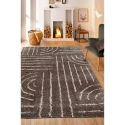 Melrose Voyage Shaggy Taupe Lines Patterned Indoor Large Area Rug 160/230Cm - thumbnail 1
