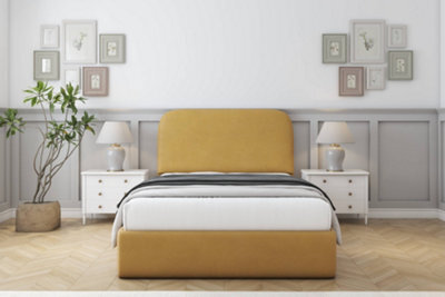 "Sloomy Belvoir Mustard Plush Bed Frame With 45"" Upholstered Headboard 2'6 Small Single" - image 1