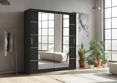Fhif Dallas Gold 180Cm Black Sliding Door Wardrobe Modern Bedroom Storage With Full Length Mirror Shelves And Hanging Rails - image 1